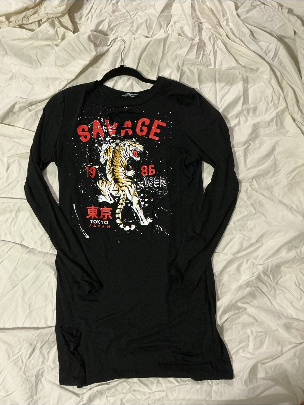 Fashion Nova Black Long Sleeve Graphic Tiger Dress with Red Accents